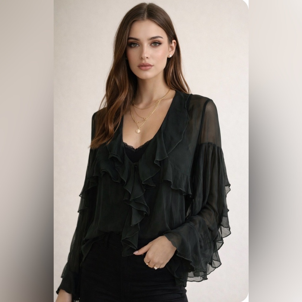 Hoss Intropia Hunter Green Silk Ruffled Blouse & Camisole Size 6 Two Piece